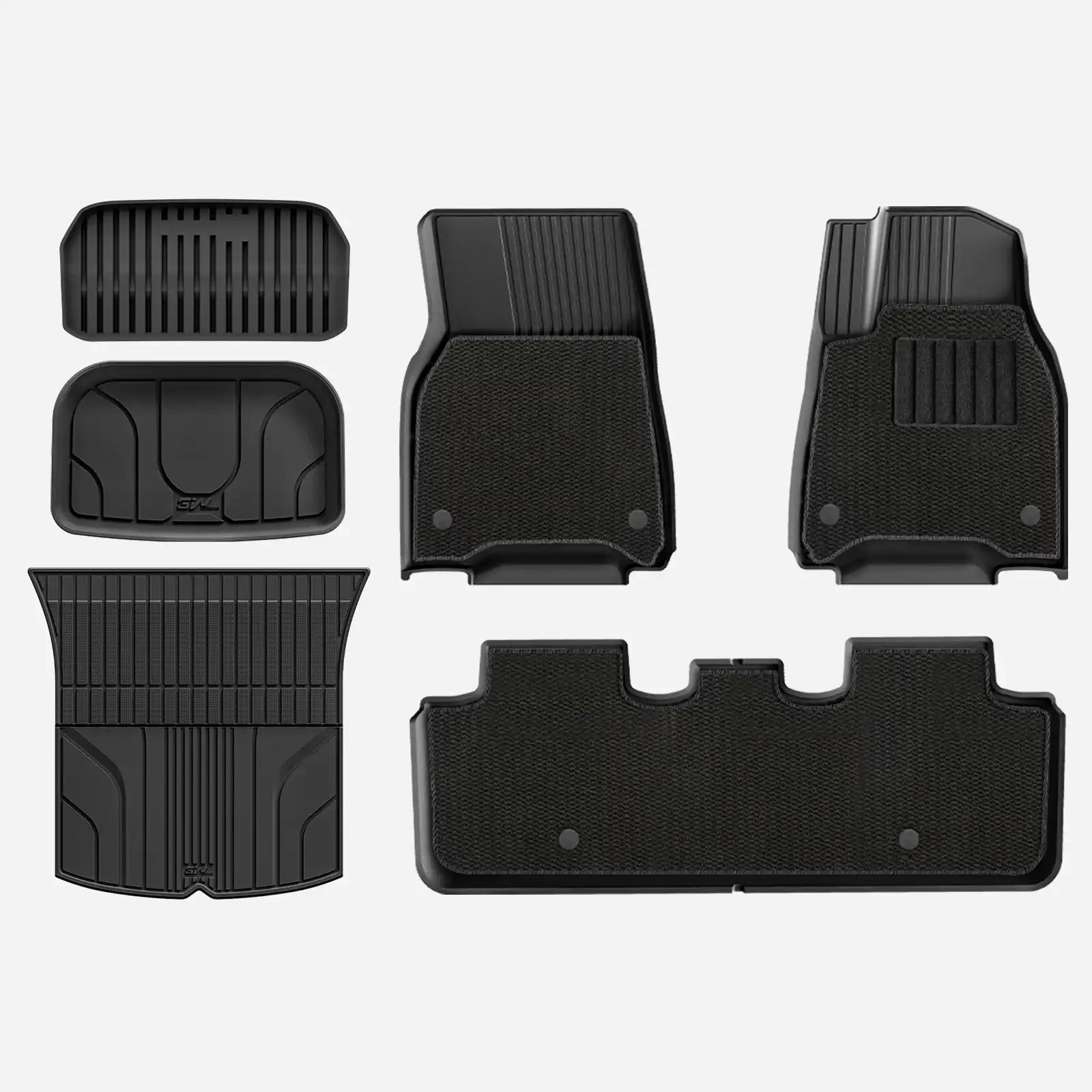 3W Custom Car Floor Mats All Weather Floor Liners for Tesla Model Y 2020-2024 RHD 3w 1st&2nd Row Mats+Carpets+Storage&Boot Liners