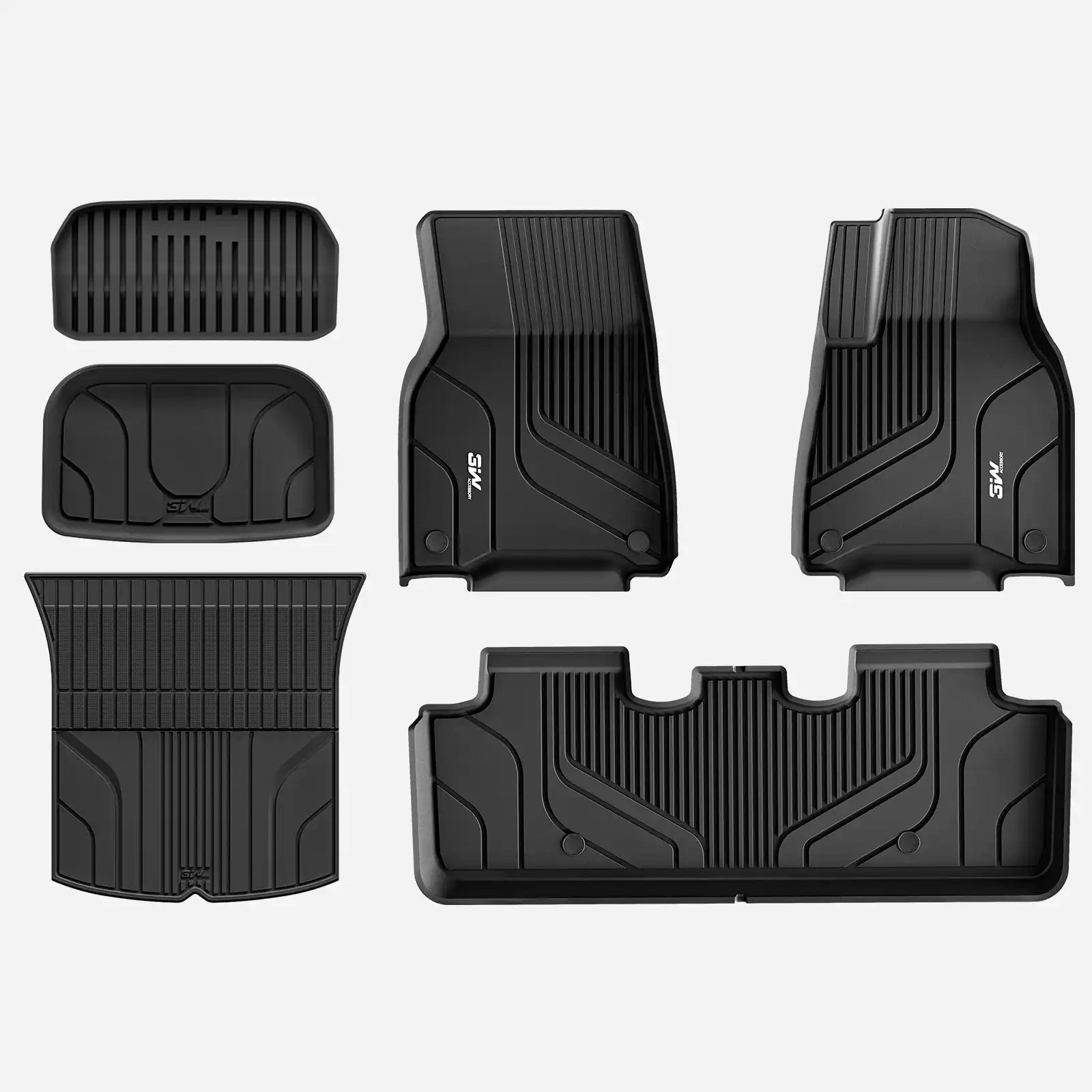 3W Custom Car Floor Mats All Weather Floor Liners for Tesla Model Y 2020-2024 RHD 3w 1st&2nd Row Mats+Storage&Boot Liners