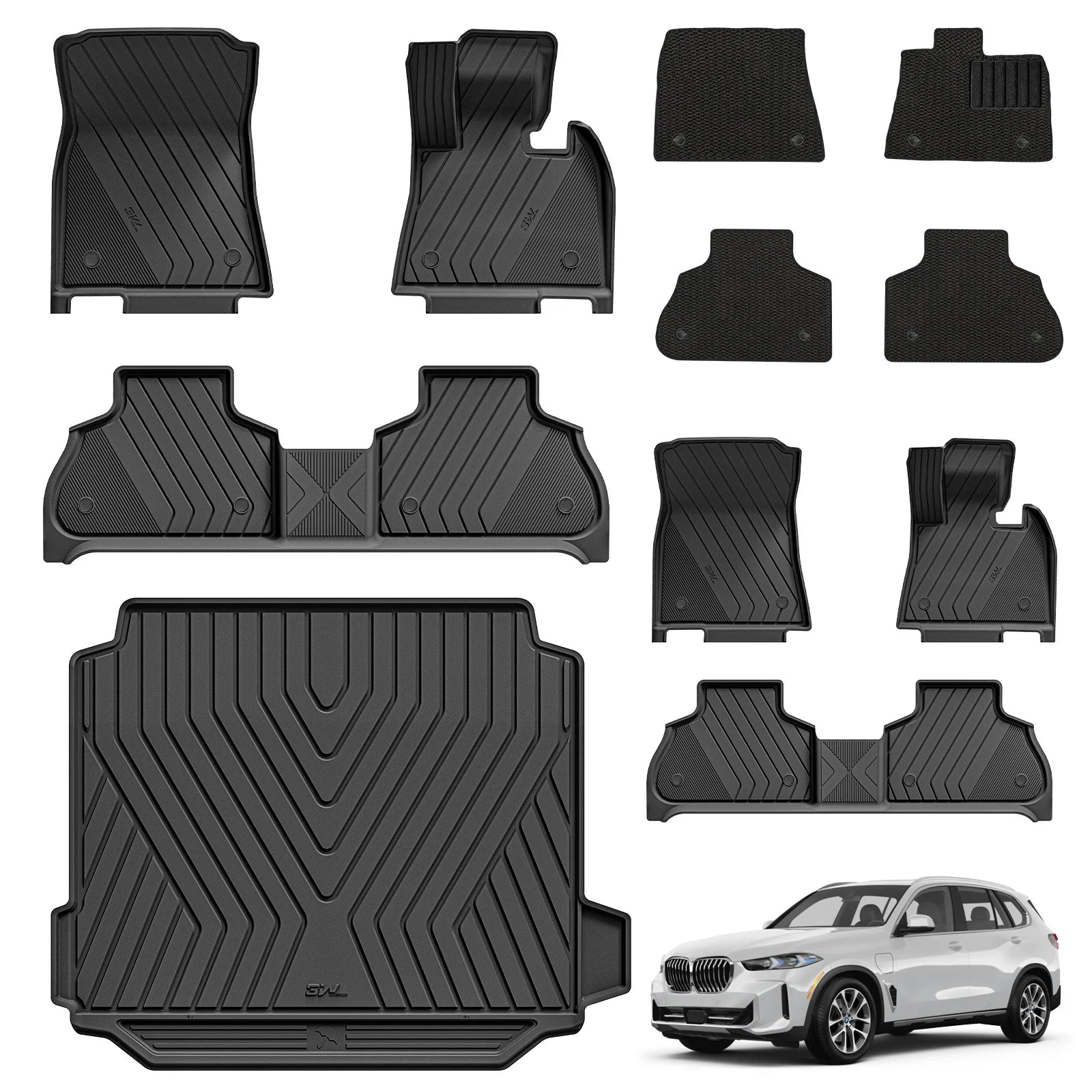 3W Double Layer Car Mats for BMW X5 G05 With Carpets 2019-2026 RHD 3w 1st&2nd Row Mats+Carpets+Boot Liners