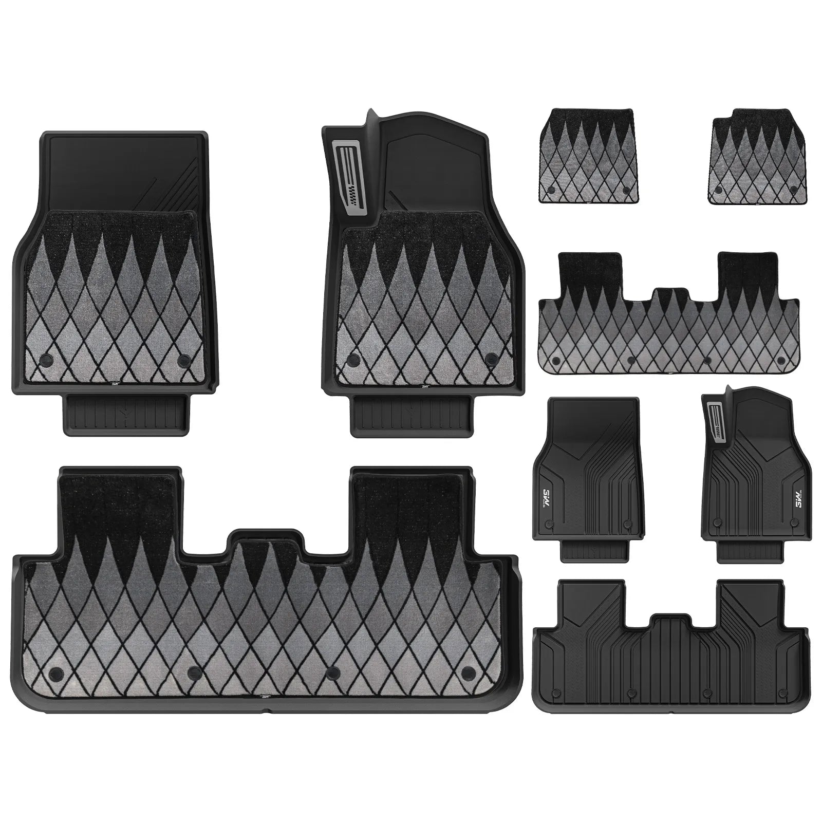 3W Double Layer Car Mats For Tesla Model Y Juniper/Premium/Performance With Carpets 2025-2026 RHD 3Wliners UK 1st&2nd Row Mats (Metal Pedal)+Geometric Peak Carpets